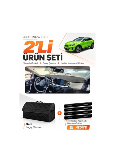 Kia X-ceed 2020-2025 Uyumlu Torpido Örtüsü + Deri Bagaj Çantası + Sticker Seti - Siyah