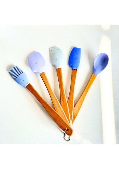 Ayrex Meturas Mutfak Bambu Silikon Isıya Dayanıklı Kaşık Kepçe Takımı 5 Li Set Spatula & Fırça Mavi