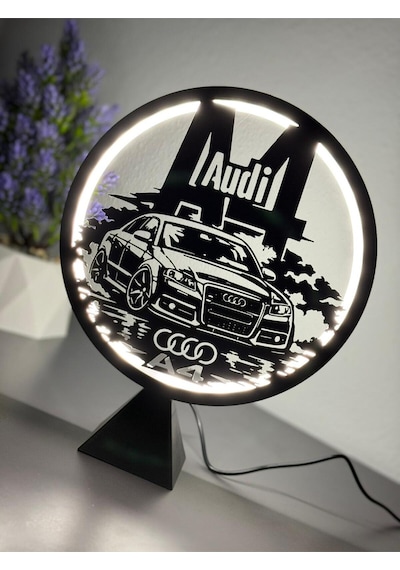 Audi A4 B7 Silüetli Halka Led Dekoratif Masa Gece Lambası Araba Tutkunlarına Hediye Adaptör Dahil Siyah