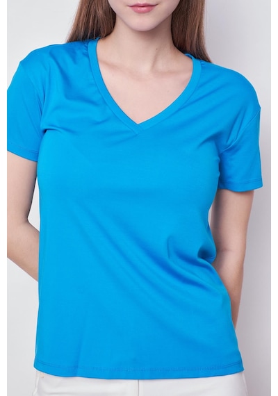 Jument Kadın V Yaka Kısa Kol Likralı Span Kumaş Şık T-shirt Bluz-mavi Mavi