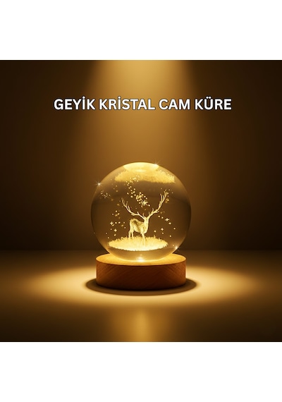 Usb Bağlantılı Geyik Temalı Kristal Küre Premium Masa Gece Lambası
