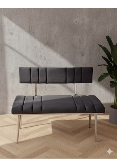 Özcan Metal Metal Ayaklı Metal Kasalı Sırtlı Krom Mutfak Salon Antre Yatak Odası Balkon Bench Puf Bank Oturak Antrasit