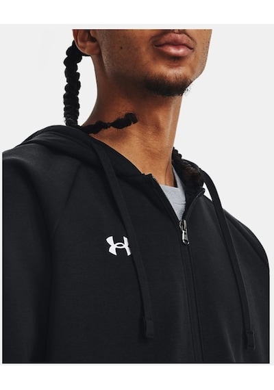 Under Armour Erkek UA Rival Fleece Tam Boy Fermuarlı Kapüşonlu Üst 1379767-001 Siyah - Beyaz