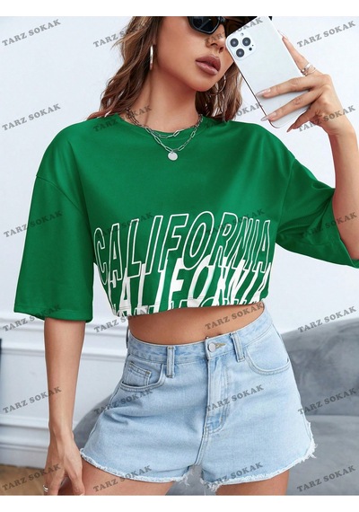 Flood Of Style Crop Ckod-232913 Mektup Grafikli Düşük Omuz Kısa Yeşil