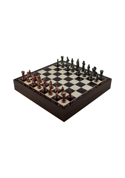 Orta Boy Metal İngiliz Satranç Takımı Antik Ve Ceviz Desenli Sandıklı Mdf Tahtası 36x36x6 Cm.
