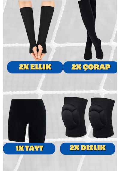 7 Parça Voleybol Seti- Voleybol Dizliği + Voleybol Taytı+ Voleybol Elliği+ Voleybol Çorap Siyah