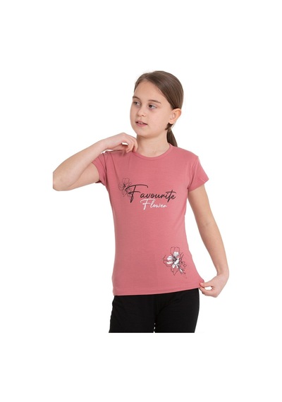 Fuşya Favorite Baskılı Bisiklet Yaka 5-12 Yaş Tişört 2036-6 Fuşya