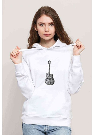 Drawing Classic Guitar Baskılı Beyaz Kadın Kapşonlu Sweatshirt