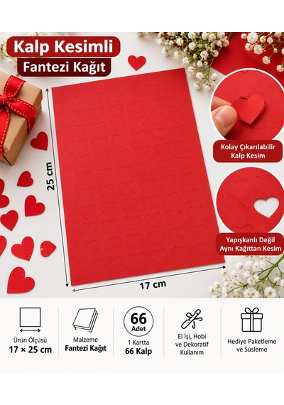 Hazır Kesim Kağıt Kalp Desen 66 Adet Kırmızı Fantezi Kağıt Süs, Hediye Paketleme, Dekorasyon Ve Hobi
