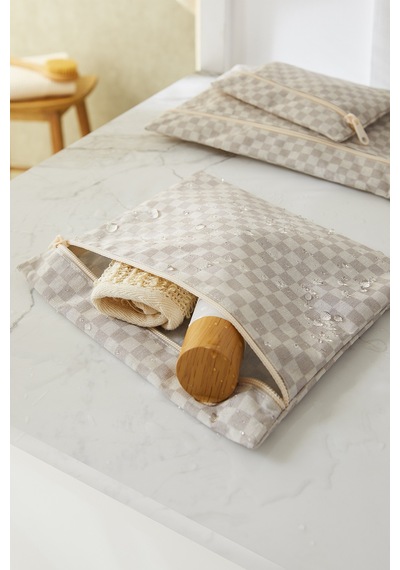 Ocean Home Textile 3'lü Su Geçirmez Pvc Astarlı Gri Dama Desen Islak Kuru Çantası 20 x 13 / 24 x 20 / 30 x 24 cm
