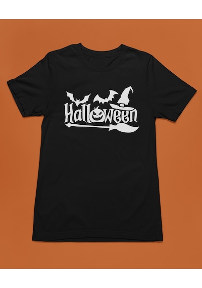 Bumeta Halloween Yarasa Balkabağı Cadı Şapkası Ve Süpürge Unisex Tişört T-shirt Siyah