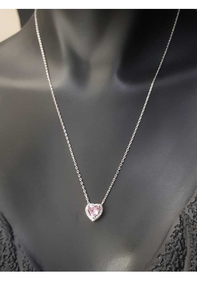 Swarovski Pembe Kalp Taşlı  S Model Gümüş Kolye