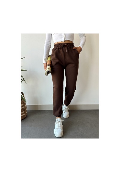 Gugus Trend Kadın Kışlık Kalın İçi Polarlı Yüksek Bel Paçası Lastikli Basic Jogger Eşofman Altı Kahverengi
