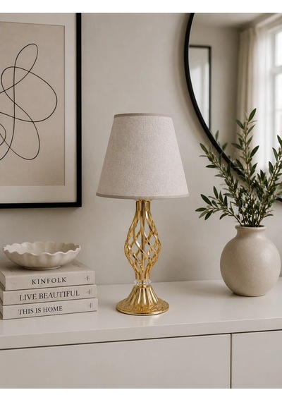 Vizon Kumaş Başlık Gold Burgulu Metal Ayak Modern Abajur 50x25cm