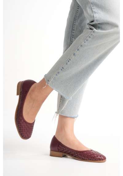 Analin Shoes Kadın Hakiki Deri Örgü Detaylı Babet Bordo