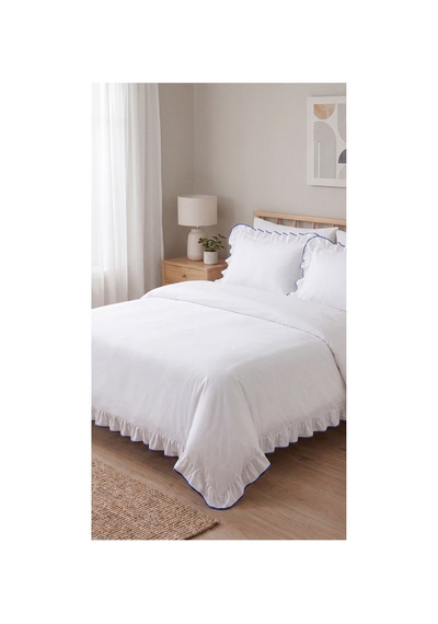 %100 Pamuk Overloklu Fırfırlı Çift Kişilik Nevresim Takımı Lastikli Çarşaflı 200x220 Cm Mavi - 904804703 Mavi
