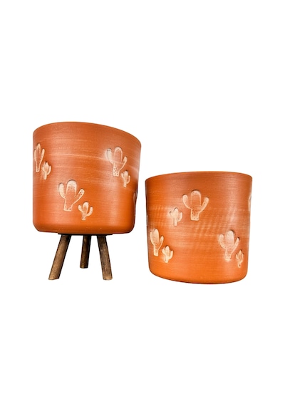 Bitki Tasarımı Ev Dekorasyon Aksesuar Kaktüs Desenli Toprak Saksı Saksılık Salon Çiçeklik İkili Set Ayaksız - 3 Ayaklı- 19 Cm