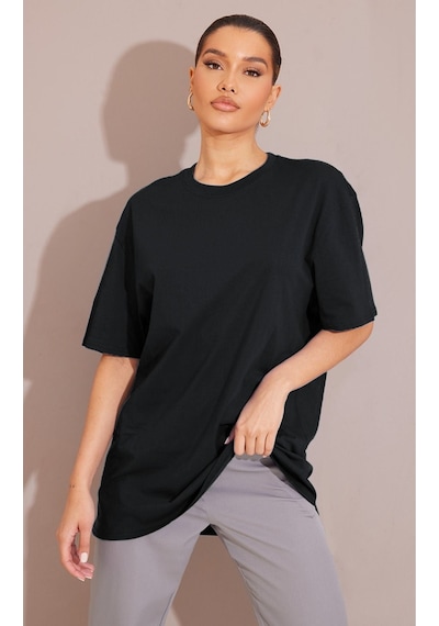 Düz Süprem T-shirt - Siyah Oversize Bisiklet Yaka Kısa Kol Tişört SIYAH
