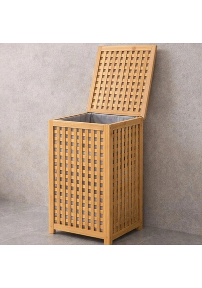 Kalın Ahşap Bambu Kirli Çamaşır Sepeti Kumaş Çantalı Sepet 40x40x58cm Bx40 Çok Renkli