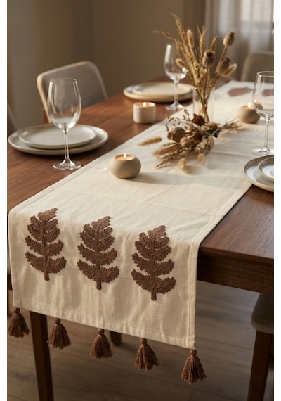 Hayat Ağacı Nakışlı Püsküllü Buldan İşi Pamuk Runner Masa Örtüsü 40x130 Cm Kahverengi
