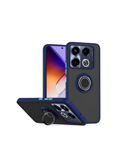 Infinix Note 40 Pro Plus 5G Kılıf Yüzüklü Standlı Extra Koruma Sert Silikon Kapak - Lacivert