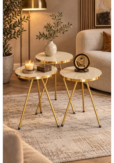 Odera Gold Krem Yuvarlak Zigon Sehpa 3'lü Set Metal Ayaklı Modern Salon Sehpası Diğer