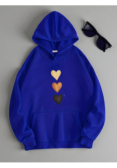 Uyguntarz Unisex Sirali Kalp Baskılı Oversize Sweatshirt Mavi