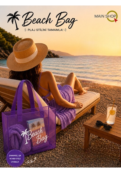Mainshop Mor Şeffaf Beach Bag Kadın Plaj Çantası Büyük Hacimli M-plj01