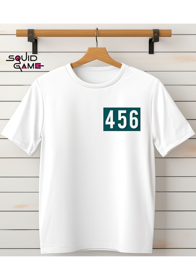 Aselinda Squid Game 2 No 456 Baskılı Bisiklet Yaka Tişört/t-shirt- %100 Pamuklu Unisex Tişört Beyaz