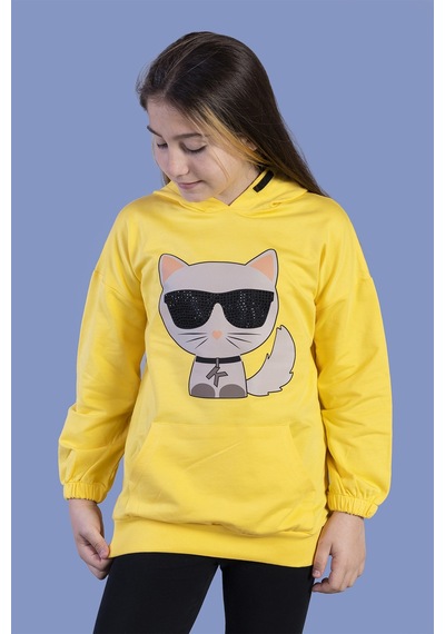 Toontoy Kız Çocuk Kedi Desenli Taş İşlemeli Kanguru Cepli Sweatshirt Sarı