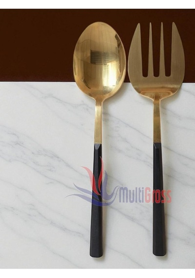 Büyük Boy Çelik Servis Kaşığı Servis Çatalı 27 Cm 2li Set, Altın Çok Renkli