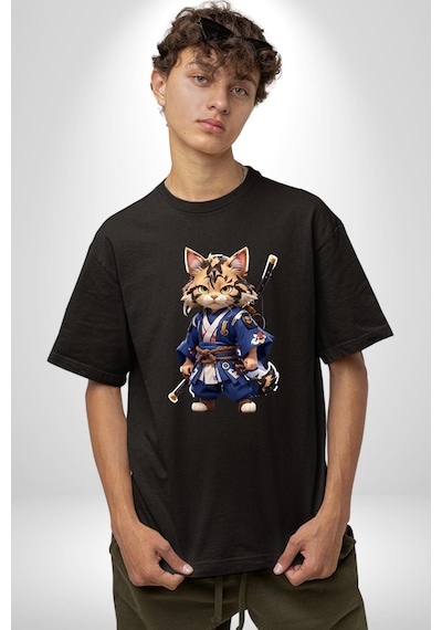Asyalı Kedi Samuray Savaşcı Pamuklu Bisiklet Yaka Unisex Oversize Boyfriend Dijital Baskılı Siyah T-shirt Siyah