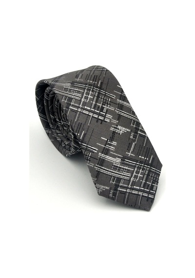 Gaffy Siyah Beyaz Kırcıl Desenli Gri Dokuma Kumaş Mendilli Slim Fit Kravat // Sdk-2611-3 Gri