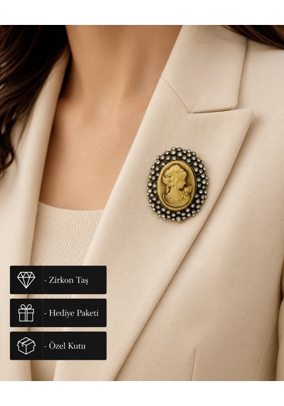 Vintage Cameo Kadın Silüeti Taşlı Broş Antik Tasarım Zarafet Aksesuarı Açık Gri