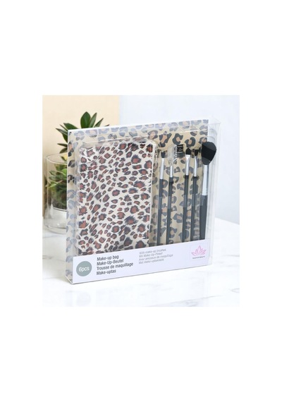 Touch Of Beauty Makyaj Fırça Seti 5li Make-up Brush Seti Çanta Boy & Leopar Desenli Çanta