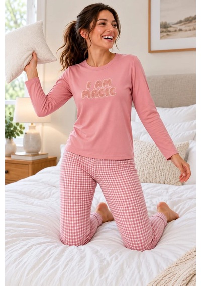 Gd Goldoremi Kadın Likralı Termal Kumaş Manşetli Uzun Kollu Pijama Takımı PEMBE