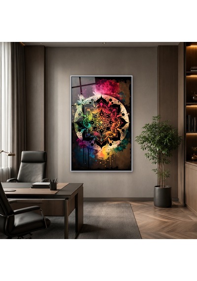 Boya Lekeli Renkli Mandala Gümüş Çerçeveli Cam Tablo