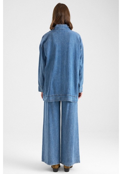 Olcay Fermuar Kapamalı Bağcık Detaylı Soft Denim Ceket Pantolon İkili Takım Mavi 9468-tk