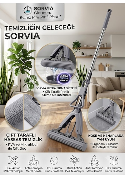 Kelebek Mop Kendinden Sıkmalı Pva Sünger Mop 124 Cm Çelik Saplı Yer Silme Ve Zemin Temizlik Mopu Kıl Tüy Toz Toplayan Temizlik Seti