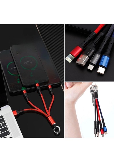 Işıklı Anahtarlık Model 3 İn 1 Usb Çıkışlı Mikro,type-c Ve Apple iPhone Uyumlu Şarj Kablosu Bx40 Standart