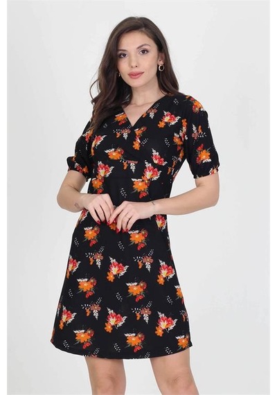 Neşeli Butik Kadın Kruvaze Yaka Çiçek Desenli Örme Krep Mini Elbise Nb10022 Siyah