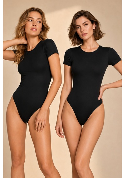 Loule Kadın 2'li Siyah Kısa Kollu Bisiklet Yaka Pamuklu Kancalı Body