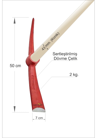 Büyük 50 Cm. Ağır 2 Kg. Ekstra Sertleştirilmiş Çelik Kazma Toprak Zemin Kazısı Bostan Tarım Bağ Bahçe Zeytinlik Tarla Çukur Açma Kök Havalandırma Temel Drenaj Kazması