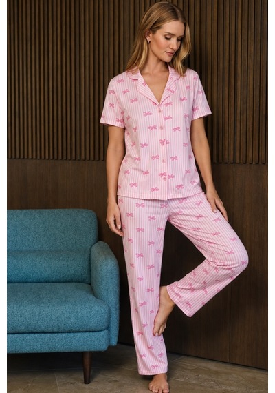 Bol Kesim V Yaka Örme Pembe Pijama Takımı