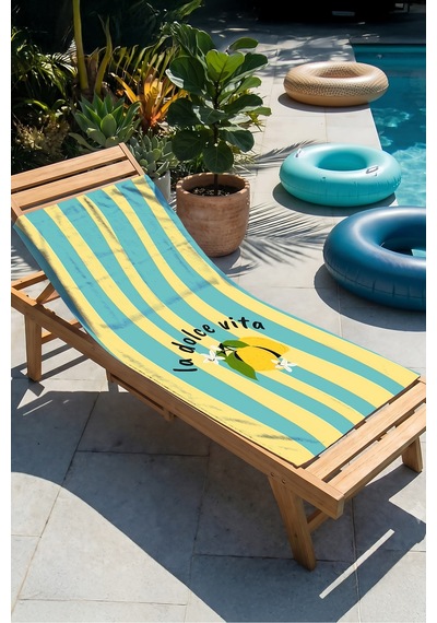 Çizgili Limon La Dolce Vita Temalı Mikrofiber Plaj Havlusu - Akdeniz Sarı Turkuaz Banyo Sahil Örtüsü Mat Porselen