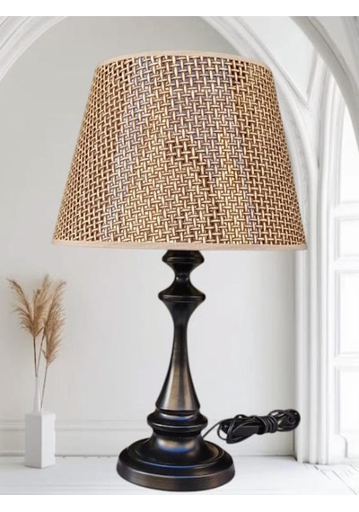 Faro Abajur Siyah Metal Gövdeli Rattan Kahverengi Şapkalı Koyu Siyah