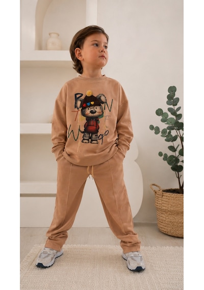 Mila Mood Erkek Çocuk Vizon Rengi Köpek Baskılı 2'li Eşofman Takımı Sweatshirt Eşofman Altı