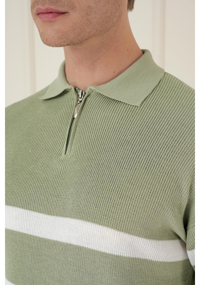 Efor Slim Fit Çizgili Fermuarlı Polo Yaka Yeşil Triko Kazak Tr 877 Yeşil