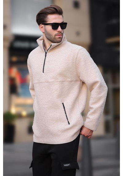 Madmext Ekru Dik Yaka Yarım Fermuarlı Buklet Sweatshirt 7084 Ekru