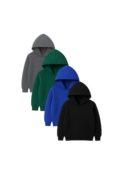 4'lü Kapüşonlu Basic Sweatshirt Seti - Düz Kışlık Şardonlu Kumaş Füme Saks Siyah Yeşil